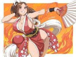Rule 34 | 1girl, breasts, fatal fury, fire, highres, large breasts, ponytail, shiranui mai, smile, solo