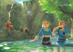 Rule 34 | 2boys, 2girls, barefoot, blonde hair, blue eyes, boots, dual persona, eorinamo, fingerless gloves, gloves, green eyes, highres, lens flare, lily pad, link, looking at another, multiple boys, multiple girls, nintendo, partially submerged, pointy ears, princess zelda, sitting, splashing, statue, sunlight, the legend of zelda, the legend of zelda: breath of the wild, the legend of zelda: skyward sword, toes, tree, twitter username, water, yellow eyes