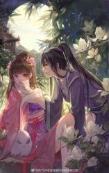Rule 34 | 1boy, 1girl, architecture, black hair, blue eyes, brown hair, chinese clothes, closed mouth, donghua, dress, east asian architecture, flower, hand on another&#039;s face, house, jacket, long hair, looking at another, official art, open mouth, pink eyes, pink jacket, psychic princess, purple dress, purple eyes, purple tunic, qian yun xi, sitting, sky, smile, tong ling fei, tree, very long hair, ye youming