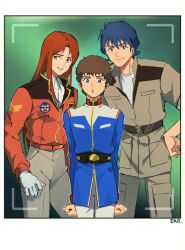 Rule 34 | 1girl, 2boys, :o, amuro ray, arms at sides, artist name, black eyes, blue eyes, blue hair, blue jacket, border, brown hair, brown jacket, brown pants, christina mackenzie, closed mouth, cowboy shot, earth federation, ekomozzarella, gloves, green eyes, gundam, gundam 0080, gundam 08th ms team, hair between eyes, jacket, legs together, long hair, long sleeves, looking at viewer, military uniform, mobile suit gundam, multiple boys, pants, parted lips, red hair, red jacket, shiro amada, shirt, short hair, smile, standing, teeth, uniform, very long hair, viewfinder, white border, white gloves, white shirt