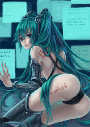 Rule 34 | 1girl, absurdres, bad id, bad pixiv id, character name, copyright name, detached sleeves, ethanol (8521966), green eyes, green hair, hatsune miku, highres, long hair, looking back, matching hair/eyes, solo, tattoo, thighhighs, very long hair, vocaloid
