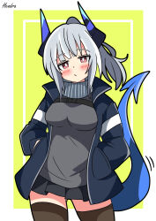 Rule 34 | 1girl, absurdres, arknights, artist name, black horns, black jacket, black outline, black shirt, black skirt, blue horns, blue tail, blush, border, breasts, bright pupils, brown thighhighs, closed mouth, cowboy shot, dragon girl, dragon horns, dragon tail, eyes visible through hair, grey hair, hands in pockets, hendra, highres, horns, jacket, liskarm (arknights), long sleeves, looking at viewer, medium breasts, medium hair, miniskirt, motion lines, open clothes, open jacket, outline, outside border, pink eyes, pleated skirt, ponytail, shirt, signature, skirt, solo, standing, strap, tail, tail raised, thighhighs, white border, white pupils, yellow background