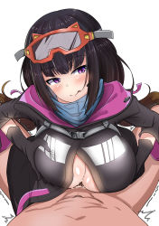 Rule 34 | 1girl, black gloves, black hair, breasts, clothed female nude male, cum, ejaculation, fate/grand order, fate (series), gloves, goggles, goggles on head, highres, jacket, large breasts, nude, osakabehime (fate), osakabehime (swimsuit archer) (fate), osakabehime (swimsuit archer) (first ascension) (fate), paizuri, paizuri under clothes, penis, purple eyes, takimoto yukari, tongue, tongue out
