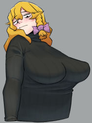 Rule 34 | 1girl, alternate costume, alternate eye color, bad id, bad twitter id, bags under eyes, black eyes, black sweater, blonde hair, blush, bow, braid, breast focus, breasts, closed mouth, commentary, cookie (touhou), grey background, hair bow, kirisame marisa, large breasts, long hair, looking down, mars (cookie), ohasi, purple bow, ribbed sweater, side braid, simple background, single braid, solo, sweater, touhou, turtleneck, turtleneck sweater, upper body, wavy mouth