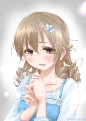 Rule 34 | 10s, 1girl, 2015, bad id, bad pixiv id, blush, brown eyes, brown hair, collarbone, dated, drill hair, flower, hair between eyes, hair flower, hair ornament, idolmaster, idolmaster cinderella girls, looking at viewer, morikubo nono, open mouth, own hands together, shimono (utapre), short hair, solo, twitter username, upper body, wavy mouth
