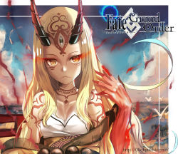 Rule 34 | 1girl, absurdres, bare shoulders, blonde hair, claws, copyright name, fate/grand order, fate (series), female focus, fire, highres, horns, ibaraki douji (fate), japanese clothes, kimono, long hair, looking at viewer, monster girl, nscsky11, off shoulder, oni, oni horns, short kimono, solo, tattoo, yellow eyes, yellow kimono