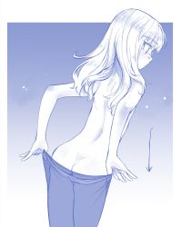 Rule 34 | 1girl, aohashi ame, ass, blue background, blush, breasts, butt crack, cowboy shot, feet out of frame, from behind, glasses, gradient background, highres, long hair, panties, pantyhose, partially colored, perrine h. clostermann, simple background, small breasts, solo, strike witches, topless, underwear, undressing, upper body, world witches series