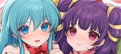Rule 34 | 2girls, anniversary, aqua eyes, aqua hair, blush, bow, close-up, closed mouth, dragon wings, eirika (fire emblem), fire emblem, fire emblem: the sacred stones, green wings, hair tie, hands up, heart, highres, long hair, looking at viewer, multi-tied hair, multiple girls, myrrh (fire emblem), nintendo, pale skin, parted lips, purple hair, red bow, red eyes, red ribbon, ribbon, seductive smile, shimizu akina, shiny skin, smile, sweat, topless, twintails, wings