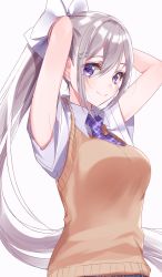 Rule 34 | 1girl, armpits, arms behind head, bad id, bad twitter id, blush, bow, breasts, brown vest, grey skirt, hair bow, hair ornament, hairclip, highres, higuchi kaede, higuchi kaede (3rd costume), large breasts, long hair, looking at viewer, misumi (macaroni), mole, mole under eye, necktie, nijisanji, plaid, plaid necktie, plaid neckwear, plaid skirt, pleated skirt, ponytail, purple eyes, purple necktie, school uniform, short sleeves, silver hair, simple background, skirt, smile, solo, sweater vest, tying hair, vest, virtual youtuber, white background, white bow