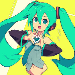 Rule 34 | 1girl, :d, black sleeves, blue necktie, commentary request, detached sleeves, green eyes, green hair, hair between eyes, hatsune miku, headset, heart, heart hands, heart in heart hands, looking at viewer, metata, navel, necktie, open mouth, smile, solo, two-tone background, vocaloid