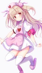 Rule 34 | 1girl, apron, bandaged wrist, bandages, baram, blonde hair, blunt bangs, commentary request, dress, hair ornament, hat, heart, highres, long hair, looking at viewer, nail polish, natori sana, nurse cap, parted lips, pink apron, puffy short sleeves, puffy sleeves, rabbit hair ornament, red eyes, red nails, sana channel, short sleeves, simple background, slippers, solo, thighhighs, two side up, virtual youtuber, white background, white dress, white thighhighs