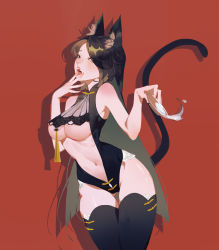 Rule 34 | 1girl, absurdres, animal ear fluff, animal ears, badao zhu ge, bare arms, bare shoulders, black hair, black thighhighs, breasts, brown eyes, cat ears, cat girl, cat tail, clothing cutout, cowboy shot, drop shadow, fangs, fingernails, gluteal fold, hair over one eye, hand to own mouth, hands up, highres, large breasts, leotard, licking, licking finger, long hair, navel, open mouth, original, red background, revealing clothes, see-through, shadow, simple background, solo, standing, stomach, stomach cutout, tail, tail raised, thigh gap, thighhighs, thighs, tongue, underboob, very long hair