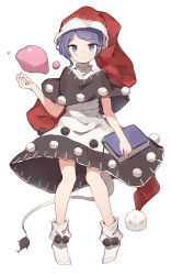Rule 34 | 1girl, bare arms, black dress, blue eyes, blue hair, book, capelet, closed mouth, doremy sweet, dream soul, dress, full body, hat, highres, holding, holding book, looking at viewer, multicolored clothes, multicolored dress, nightcap, pom pom (clothes), red hat, shone, simple background, smile, socks, solo, standing, tail, tapir tail, touhou, turtleneck, white background, white dress, white socks