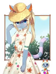 Rule 34 | 2girls, :3, animal crossing, animal ears, animal hands, arm ribbon, artist name, bare shoulders, blonde hair, blue eyes, blue sky, blush, body fur, border, breasts, cat ears, cat girl, cat tail, chin strap, claws, closed mouth, collarbone, day, dress, dual persona, ears through headwear, fang, fang out, female focus, floral print, flower, furry, furry female, green ribbon, hand up, happy, hat, hat flower, highres, long hair, methynecros, mitzi (animal crossing), mouth hold, multicolored clothes, multicolored dress, multiple girls, nintendo, one eye closed, outside border, pawpads, pink flower, ponytail, ribbon, sidelocks, signature, skin fang, sky, sleeveless, sleeveless dress, small breasts, smile, solo focus, stalk in mouth, standing, straw (stalk), straw hat, sun, tail, tree, white border, white dress, wink, yellow headwear