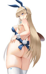 Rule 34 | 1girl, absurdres, ass, blonde hair, blue archive, blue eyes, blush, braid, breasts, cowboy shot, earpiece, expressionless, highres, holding, holding tray, light y, long hair, looking at viewer, looking back, medium breasts, skindentation, solo, thick thighs, thighhighs, thighs, toki (blue archive), toki (bunny) (blue archive), tray, very long hair, white wrist cuffs, wrist cuffs