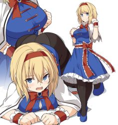 Rule 34 | 1girl, alice margatroid, ass, black pantyhose, blonde hair, blue dress, blue eyes, blush, bow, breasts, capelet, cleavage, closed mouth, dress, frilled cuffs, frilled sash, full body, hairband, large breasts, looking at viewer, lying, multiple views, on floor, open mouth, panties, panties under pantyhose, pantyhose, red bow, red hairband, red ribbon, ribbon, sash, shiseki hirame, short hair, simple background, smile, standing, sweatdrop, touhou, underwear, white background, wrist cuffs