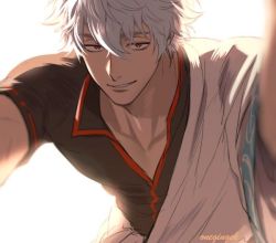 Rule 34 | 1boy, blurry, blurry foreground, gintama, hair between eyes, japanese clothes, kimono, looking at viewer, male focus, onegingek, open clothes, open kimono, parted lips, red eyes, sakata gintoki, short sleeves, signature, simple background, solo, upper body, white hair, wide sleeves
