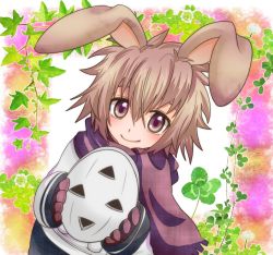 Rule 34 | animal ears, brown hair, rabbit ears, child, flower, gloves, male focus, mask, medaka box, scarf, smile, yukuhashi mizou