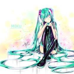 Rule 34 | 1girl, absurdly long hair, absurdres, aqua hair, bare shoulders, black thighhighs, boots, character name, crossed legs, closed eyes, full body, hair over one eye, hands on own knee, hatsune miku, headset, highres, knee to chest, long hair, long twintails, smile, solo, thigh boots, thighhighs, thighs, twintails, very long hair, vocaloid