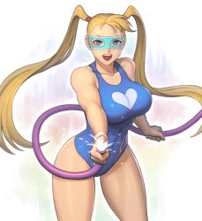 Rule 34 | 1girl, aiming, aiming at viewer, asymmetrical bangs, blonde hair, blue eyes, blue one-piece swimsuit, breasts, commentary request, cowboy shot, heart, hose, large breasts, long hair, muscular, muscular female, noppo (tarstation), one-piece swimsuit, open mouth, rainbow mika, reaching, reaching towards viewer, simple background, solo, street fighter, swimsuit, teeth, thick thighs, thighs, twintails, upper teeth only, white background, wrestling mask