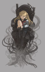 Rule 34 | 1girl, black thighhighs, blonde hair, cable, from above, industrial pipe, leg up, long hair, looking up, original, school uniform, serafuku, sitting, solo, thighhighs, thighhighs pull, throne, tko (artist), tko (kkk66), twintails, yellow eyes