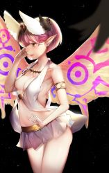 Rule 34 | 1girl, armlet, armpits, bare shoulders, black wings, blonde hair, breasts, center opening, circe (fate), cowboy shot, eyebrows, facing away, fate/grand order, fate (series), groin, hand up, head wings, headpiece, highres, isaka wasabi, legs together, looking away, medium breasts, microskirt, midriff, multicolored hair, navel, palms, parted lips, pink hair, pleated skirt, pointy ears, short hair, skirt, solo, standing, star (sky), stomach, streaked hair, two-tone hair, white skirt, white wings, wings, yellow eyes