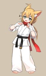 Rule 34 | 1girl, ahoge, animal ear fluff, animal ears, bandaged hand, bandages, barefoot, belt, black belt, blonde hair, commentary request, dougi, eyelashes, full body, green eyes, grey background, kuma-bound, long hair, martial arts belt, musical note, open mouth, original, pants, red scarf, scarf, simple background, solo, standing, toes, white pants