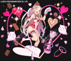 Rule 34 | 1girl, :d, animal ears, animal hands, armpits, bare shoulders, bell, black background, blue eyes, blush, box, breasts, candy, cat ears, cat tail, chocolate, choker, clothing cutout, crown, fang, food, gloves, grey hair, hands up, happy, heart, heart-shaped box, heart cutout, jingle bell, long hair, looking at viewer, navel, official art, one eye closed, open mouth, panties, paw gloves, petals, popqn, red footwear, shoes, small breasts, smile, socks, solo, square enix, standing, standing on one leg, tail, underwear, white choker, white panties, white socks