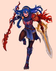 Rule 34 | 1girl, absurdres, adapted costume, belt, blue hair, blue scarf, brown belt, brown pantyhose, commentary, commission, english commentary, facial tattoo, fangs, fire emblem, fire emblem awakening, full body, hair between eyes, highres, holding, holding weapon, long hair, lucina (fire emblem), nintendo, open mouth, pantyhose, pelvic curtain, polearm, red eyes, scarf, sethkiel, simple background, solo, spear, sword, tattoo, teeth, tiara, weapon, white background
