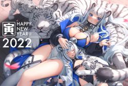 Rule 34 | 2022, 2girls, animal ears, bikini, black hair, black jacket, black leotard, blue bikini, blue eyes, blue nails, blunt bangs, blush, breasts, cleavage, closed eyes, commentary, happy new year, highres, jacket, large breasts, leotard, long hair, long sleeves, looking at viewer, lying, multicolored hair, multiple girls, nail polish, nengajou, new year, o-ring, on back, open clothes, open jacket, open mouth, original, parted lips, ponytail, puffy long sleeves, puffy sleeves, single thighhigh, sleeping, small breasts, streaked hair, suraimu (suraimuraimu), swimsuit, symbol-only commentary, tail, thighhighs, tiger, tiger ears, tiger girl, tiger tail, white hair, white legwear, white tiger
