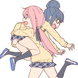 Rule 34 | 10s, 2girls, blue hair, carrying, carrying person, hair bun, hand on another&#039;s ass, highres, kagamihara nadeshiko, long hair, multiple girls, onsen tamago (hs egg), open mouth, pink hair, plaid, plaid skirt, running, school uniform, shima rin, shoes, simple background, single hair bun, skirt, twintails, uwabaki, white background, yurucamp