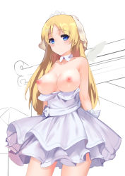 Rule 34 | 1girl, absurdres, alternate costume, arms behind back, blonde hair, blue eyes, blush, breasts, bridal veil, cleavage, closed mouth, clothes pull, cowboy shot, crown, dress, dress pull, eyebrows, hair ornament, hairclip, highres, large breasts, long hair, looking at viewer, nipples, saratoga (warship girls r), simple background, smile, solo, standing, topless, veil, warship girls r, wedding dress, white background, white dress, wings, ze (wzfnn001)
