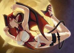 Rule 34 | 1girl, armpits, breasts, cleavage, demon girl, covered erect nipples, fishnets, full moon, garter belt, garter straps, high heels, highres, horns, large breasts, looking at viewer, moon, nail polish, navel, original, pointy ears, red eyes, red hair, solo, tail, thighhighs, wings, yousisi