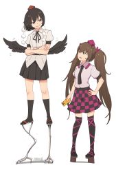Rule 34 | 2girls, absurdres, bird wings, black eyes, black hair, black legwear, black neckwear, black skirt, black wings, breasts, brown hair, checkered clothes, checkered skirt, commentary, frilled shirt collar, frills, full body, geta, grin, hand on own hip, hat, height difference, highres, himekaidou hatate, kneeling, knees, long hair, looking down, looking up, low wings, medium breasts, multiple girls, necktie, phone, pom pom (clothes), puffy short sleeves, puffy sleeves, purple skirt, red eyes, sandals, senzaicha kasukadoki, shameimaru aya, shirt, short hair, short sleeves, signature, simple background, skirt, smile, socks, standing, stilts, tengu, tengu-geta, tokin hat, touhou, two side up, very long hair, white background, white shirt, wings
