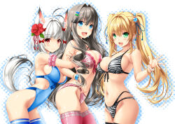 3girls :d animal_ear_fluff animal_ears animal_print antenna_hair arm_hug bangle bare_shoulders bikini black_thighhighs blonde_hair blue_eyes blue_one-piece_swimsuit blue_thighhighs blush bracelet breasts cat_hair_ornament cleavage closed_mouth commentary_request drop_shadow flower front-tie_bikini_top front-tie_top green_eyes grey_hair hair_between_eyes hair_flower hair_ornament hairclip halftone halftone_background jewelry kamiya_tomoe large_breasts multiple_girls one-piece_swimsuit open_mouth original pearl_bracelet pink_bikini pink_thighhighs plaid_bikini plaid_clothes print_bikini red_eyes red_flower smile swimsuit tail thighhighs twintails white_background white_hair zebra_print