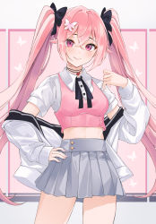 Rule 34 | 1girl, absurdres, bow, breasts, choker, cowboy shot, crop top, grey skirt, hair bow, hair ornament, hand on own hip, hand up, highres, indie virtual youtuber, jacket, lebring, long hair, long sleeves, looking at viewer, medium breasts, midriff, miniskirt, neck ribbon, off shoulder, open clothes, open jacket, pink eyes, pink hair, pink shirt, pleated skirt, ribbon, ronarona, shirt, short sleeves, skirt, sleeveless, sleeveless shirt, smile, solo, standing, thighs, twintails, undershirt, very long hair, virtual youtuber, white jacket, white shirt