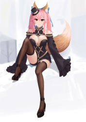 Rule 34 | 1girl, alternate eye color, animal ears, black footwear, black thighhighs, blue bow, bow, breasts, detached sleeves, fate/extra, fate/extra ccc, fate/grand order, fate (series), fox ears, fox girl, fox tail, hair bow, hat, high heels, highres, large breasts, long hair, mini hat, mini top hat, official alternate costume, pink hair, red eyes, sleeves past fingers, sleeves past wrists, solo, tail, tamamo (fate), tamamo no mae (fate/extra), tamamo no mae (sable mage) (fate), thighhighs, top hat, twintails, usagi koneko