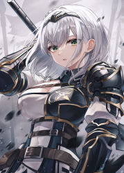 Rule 34 | 1girl, absurdres, armor, belt, breasts, brown belt, cleavage, commentary request, eyes visible through hair, green eyes, hair between eyes, hand up, headpiece, highres, holding, holding weapon, hololive, large breasts, mace, myung yi, shirogane noel, shirogane noel (1st costume), short hair, solo, virtual youtuber, weapon, white hair