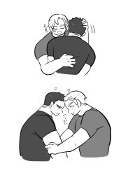 Rule 34 | 2boys, ao isami, bara, blush, comforting, couple, cropped torso, eye contact, facial hair, forehead-to-forehead, greyscale, half-closed eyes, headpat, heads together, highres, lewis smith, looking at another, male focus, medium sideburns, monochrome, motion lines, multiple boys, multiple views, paya genko man, sideburns stubble, smile, stubble, thick eyebrows, unamused, yaoi, yuuki bakuhatsu bang bravern