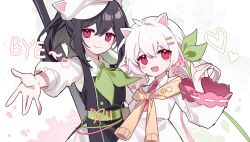 Rule 34 | 2girls, :d, animal ears, animal hat, bcy, bing zizi, black dress, black hair, cat ears, cat hat, dress, green neckerchief, hand up, hat, heart, highres, looking at viewer, low twintails, miao jiujiu, multiple girls, neckerchief, necktie, open mouth, outstretched arm, outstretched hand, overall skirt, ponytail, purple necktie, red eyes, ruan miemie, shirt, smile, twintails, upper body, white background, white dress, white hair, white shirt, zoom layer