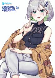 Rule 34 | 1girl, akaharuu, blouse, blush, braid, braided bangs, breasts, collared shirt, colored inner hair, commentary, cropped shirt, crossed legs, earrings, english commentary, feather hair ornament, feathers, green eyes, green hair, grey pants, hair behind ear, hair ornament, highres, hololive, hololive indonesia, jewelry, medium breasts, multicolored hair, pants, pavolia reine, pointing, pointing up, shawl, shirt, short hair, silver hair, sitting, sleeveless, sleeveless shirt, smile, solo, virtual youtuber