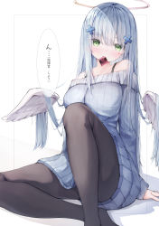 Rule 34 | 1girl, bare shoulders, black pantyhose, blue hair, blue sweater, blush, breasts, commentary, condom, condom in mouth, condom wrapper, detached wings, facial mark, feathered wings, girls&#039; frontline, green eyes, hair ornament, halo, highres, hk416 (girls&#039; frontline), kei (limitedgirl), knee up, knees apart feet together, long hair, looking at viewer, medium breasts, mouth hold, off-shoulder sweater, off shoulder, pantyhose, ribbed sweater, solo, sweater, translation request, very long hair, white background, white wings, wings, x hair ornament