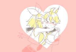 Rule 34 | &gt; &lt;, 1boy, 1girl, :i, ahoge, arched back, arms around neck, bare arms, bare shoulders, blonde hair, bon bon eee, bow, eating, flat chest, food in mouth, full mouth, glomp, hair bow, hair ornament, hairclip, happy valentine, heart, heart frame, highres, hug, kagamine len, kagamine rin, kiss, kissing cheek, leaning forward, limited palette, midriff, neckerchief, necktie, sailor collar, shirt, short ponytail, short sleeves, shorts, sleeveless, sleeveless shirt, surprise kiss, surprised, vocaloid, white bow, yellow neckerchief, yellow necktie