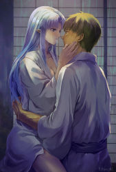 Rule 34 | 1boy, 1girl, blue eyes, blue hair, blush, breasts, brown hair, cleavage, couple, eye contact, fate/stay night, fate (series), kara413, kuzuki souichirou, light blush, long hair, looking at another, medea (fate), pointy ears, robe, white robe