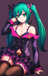 Rule 34 | 1girl, :d, aqua eyes, aqua hair, bare shoulders, belt, black bra, black thighhighs, bow, bra, breasts, butterfly hair ornament, buttons, cleavage, collarbone, defiaz (infinity), frilled skirt, frills, garter straps, grin, hair ornament, hand in own hair, hatsune miku, honey whip (module), jacket, long hair, long sleeves, looking at viewer, md5 mismatch, medium breasts, nail polish, navel, off shoulder, open mouth, parted lips, pink bow, pink nails, project diva (series), project diva f, purple eyes, purple jacket, purple skirt, resolution mismatch, simple background, sitting, skirt, smile, solo, source larger, sweet devil (vocaloid), thighhighs, twintails, underwear, very long hair, vocaloid, zettai ryouiki