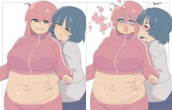 Rule 34 | 2girls, absurdres, anger vein, belly grab, blue eyes, blue hair, blunt bangs, blush, bocchi the rock!, breasts, clenched hand, english text, fat, gotoh hitori, hand on another&#039;s stomach, highres, incredibly absurdres, kiss, kissing cheek, large breasts, long hair, long sleeves, looking to the side, medium hair, multiple girls, napolitane, navel, open mouth, outside border, parted lips, pink hair, simple background, upper body, yamada ryo, yellow eyes, yuri