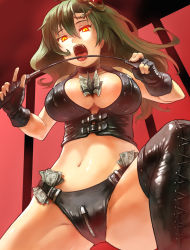 Rule 34 | 1990s (style), 1girl, aged up, bad id, bad pixiv id, bdsm, between breasts, black gloves, boots, breast zipper, breasts, brown hair, choker, cleavage, cross-laced footwear, crotch zipper, curvy, dark persona, dominatrix, femdom, final fantasy, final fantasy iv, fingerless gloves, from below, gloves, glowing, glowing eyes, green eyes, green hair, halterneck, highres, lace-up boots, large breasts, leather, long hair, matching hair/eyes, midriff, money, money in panties, navel, open mouth, retro artstyle, riding crop, rydia (ff4), solo, takeda kanryuusai, thigh boots, thighhighs, thighs, tucked money, zipper