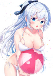 Rule 34 | 1girl, :o, ball, bare arms, bare shoulders, beachball, bikini, black bow, blue eyes, blush, bow, breasts, cleavage, collarbone, commentary request, groin, gyozanuko, hair between eyes, hair bow, highres, large breasts, looking at viewer, open mouth, original, ponytail, side-tie bikini bottom, silver hair, simple background, solo, swimsuit, transparent, white background, white bikini