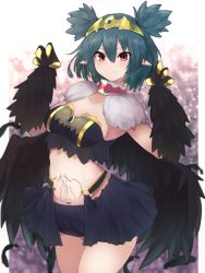 Rule 34 | 1girl, black feathers, black wings, blush, breasts, claw pose, claws, collar, commentary, commission, english commentary, feathers, green hair, harpy, highres, indie virtual youtuber, lincoro, monster girl, pointy ears, red eyes, short hair, short twintails, shorts, small breasts, smile, solo, stomach tattoo, tattoo, tiara, twintails, virtual youtuber, winged arms, wings, yonaga san