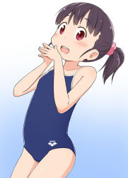 Rule 34 | 1girl, :d, arena (company), black hair, competition school swimsuit, flat chest, one-piece swimsuit, open mouth, original, red eyes, school swimsuit, short hair, smile, solo, swimsuit, tomboo